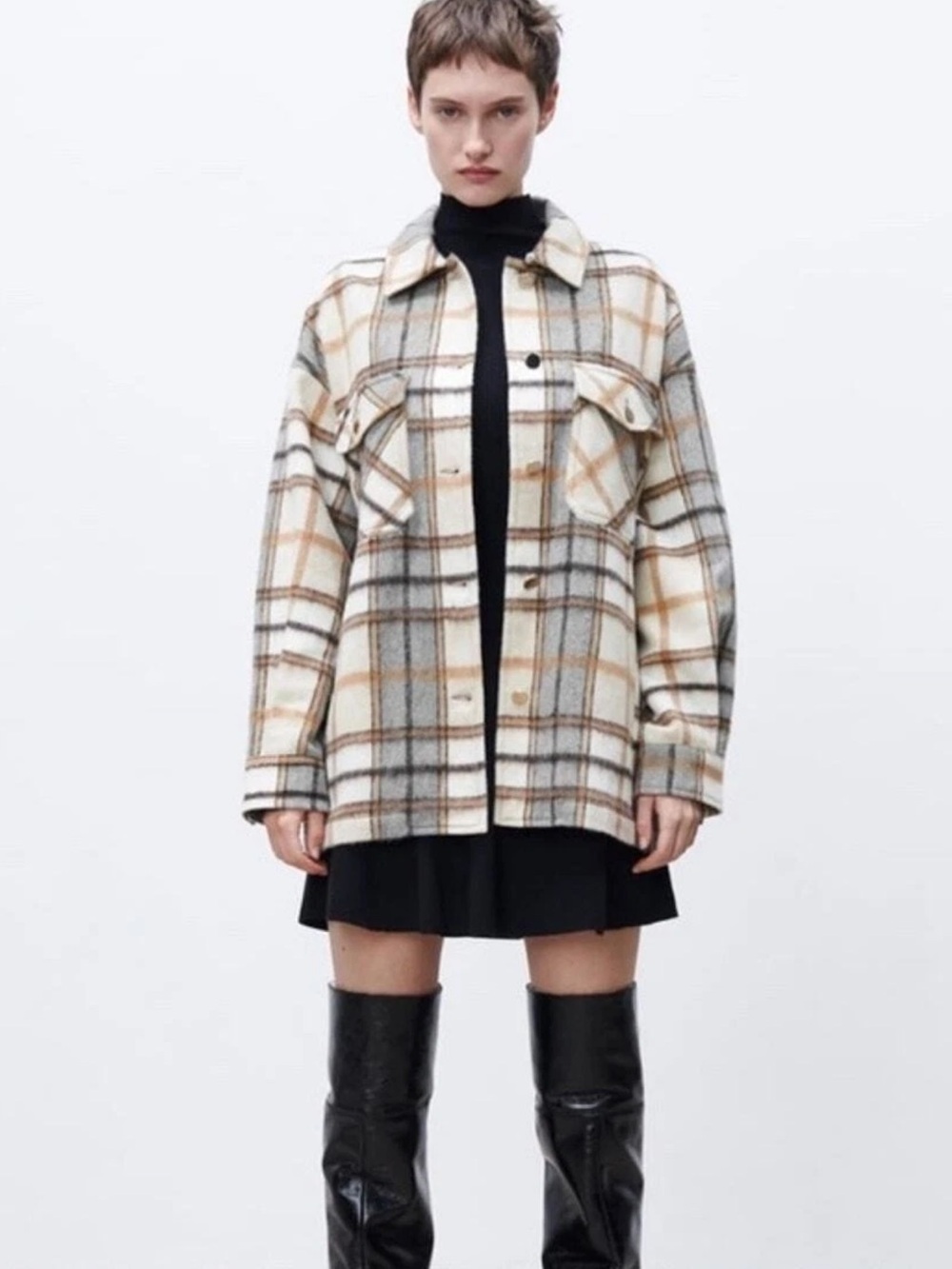 NEW no tag Zara Cream, Gray & Tan Plaid Shacket plaid SMALL 8709/228/075 soldOUT